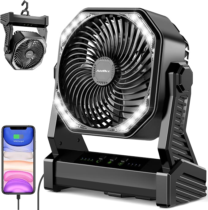 Battery Powered Camping Fan, Battery Operated Fan, Travel Gear Essentials | 20000mAh Rechargeable Battery, 58Hrs Runing, 400LM Light & 360° Rotable Hook, Whisper Quiet Fan for Outdoor Power Outages by AddAcc