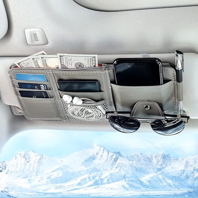 Keedolla Car Sun Visor Organizer with Zipper Pocket, Auto Interior Accessories Pocket Organizer Car Truck Visor Storage Pouch Holder for Cards, Pens, Sunglasses and Document - Gray by Keedolla