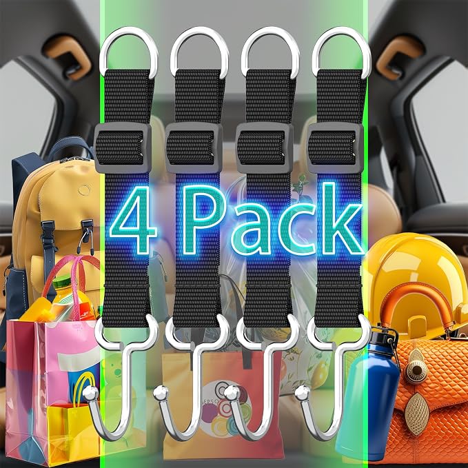Car Headrest Hooks for Purse and Bags, 4 Pack | Adjustable Back Seat Hanger, Metal Heavy Duty, 100 lbs Capacity, Purse Holder - Image 6
