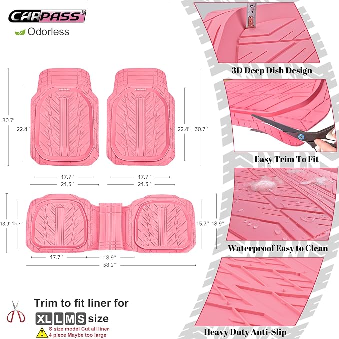 CAR PASS DeepDish Pink Floor Mats for Cars Full Set,Heavy Duty Rubber Car Mats 3-Piece,Universal Waterproof Trim-to Fit Automotive Floor Mats for Truck Van SUV, Durable All-Weather Car Mats (Pink) - Image 2