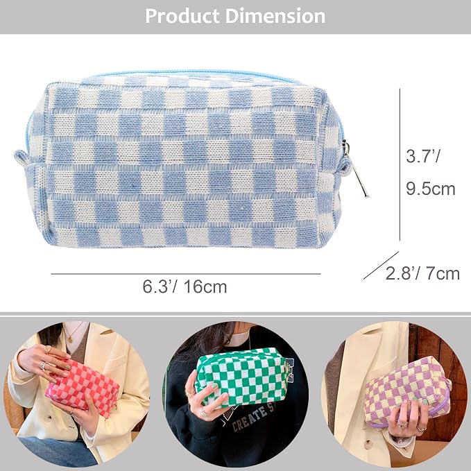 Checkered Makeup Bag for Purse, Small Cosmetic Pouch,Blue Hotpink,2 Pack | Cute Zipper Makeup Organizer for Women, Travel Essentials, Toiletries, Makeup Brushes, Beauty Accessories&Bridesmaid Gifts - Image 2