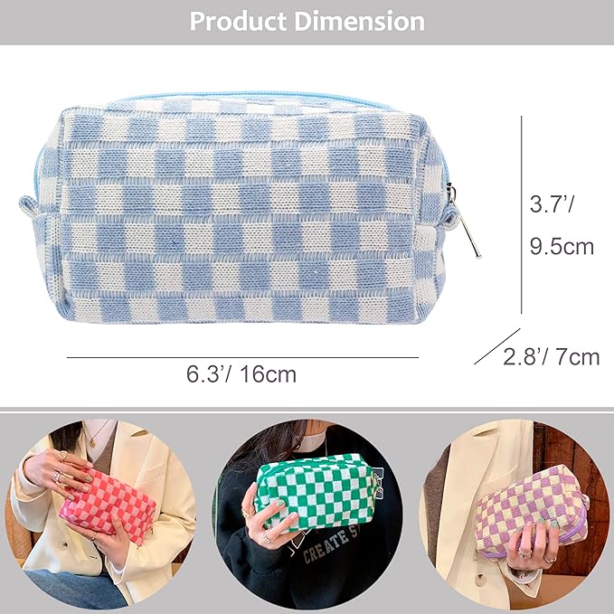 PAZIMIIK Checkered Makeup Bag for Purse Portable Zipper Make Up Pouch Small Cosmetic Case for Travel Accessories (Blue) | Cute Zipper Makeup Organizer for Women, Travel Essentials, Toiletries, Makeup Brushes, Beauty Accessories&Bridesmaid Gifts - Image 4