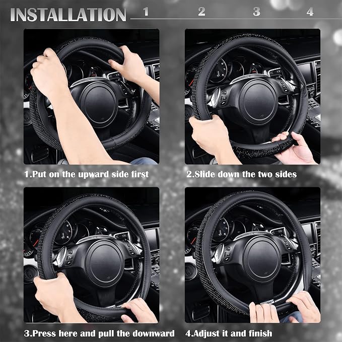 CAR PASS Bling Black Diamond Leather Steering Wheel Cover, with Sparkly Crystal Glitter Rhinestone Universal Fit 15" 1/2-16" Large Size Car Wheel Protector for Women Girl Fit Car,SUV,Van,Sedan, Black - Image 4