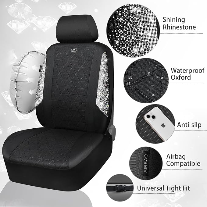 CAR PASS Oxford Bling Diamond Car Seat Covers Full Set Interior Sets, Waterproof Shining Glitter Sparkly Crystal Universal Armrest Fit 95% Automotive Truck SUV Cute Women Girl, Black Silver Rhinestone - Image 3