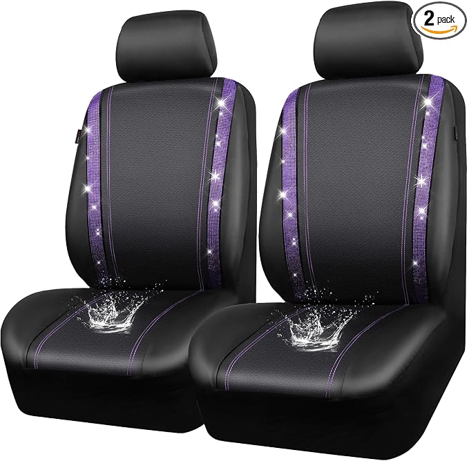 CAR PASS Leather Diamond Bling Car Seat Cover 2 Front Interior Sets, Waterproof Universal Shining Glitter Crystal Sparkle Fit for 95% Automotive Truck SUV Cute Women Girl, Black Purple Rhinestone by CARPASS