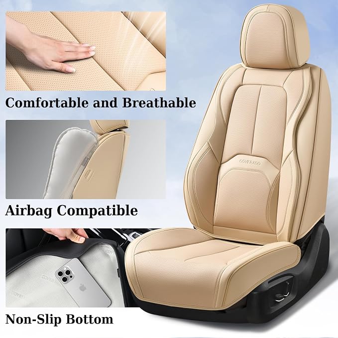 Coverado Car Seat Covers Full Set, Premium Nappa Leather Seat Covers for Car, Waterproof Car Seat Protector with Lumbar Support, Automotive Seat Covers Universal Fit for Most Cars SUV Truck(Beige) - Image 3