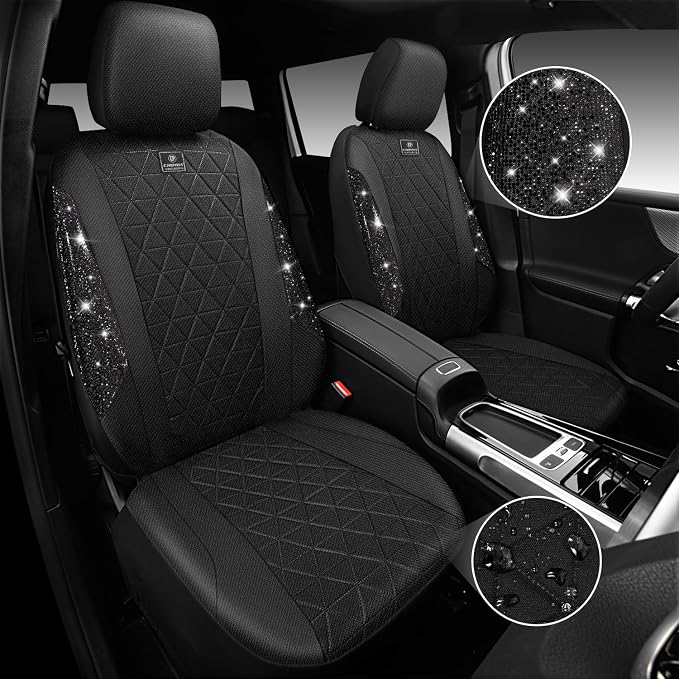 CAR PASS Oxford Bling Diamond Car Seat Covers Full Set Interior Sets, Waterproof Shining Glitter Sparkly Crystal Universal Armrest Fit 95% Automotive Truck SUV Cute Women Girl, All Black Rhinestone - Image 2