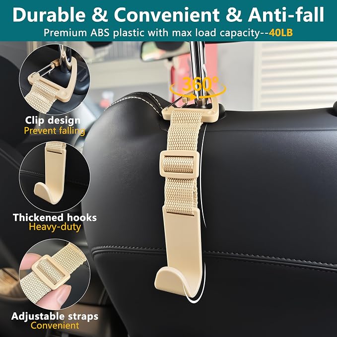 Amooca 4 Pack Anti-drop Headrest Hooks Adjustable Car Seat Organizer | Universal Fit with Clip, Hanger for Backpack Umbrella Water Bottle Coat Purses Handbags Groceries, 40lb Heavy Duty, Beige - Image 6