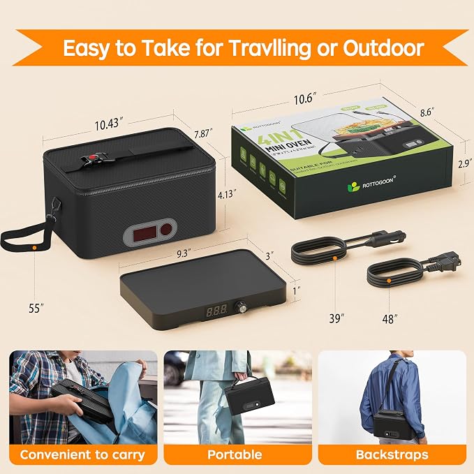 Portable Oven, 12V 24V 110V-240V Car Food Warmer Portable Personal Mini Oven Electric Heated Lunch Box for Meals Reheating & Raw Food Cooking for Road Trip/Camping/Picnic/Family Gathering(Black) - Image 7