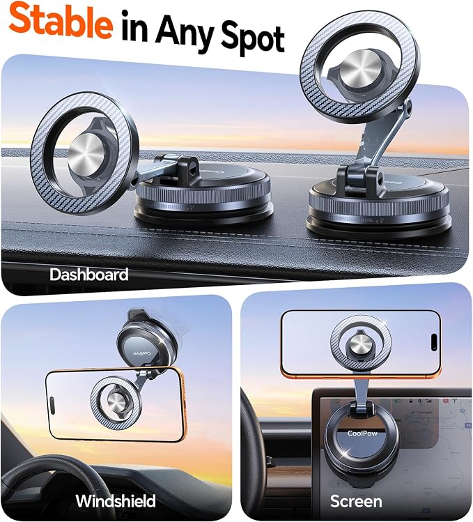 Coolpow for MagSafe Car Mount【Windshield+Vent+Dash】Magnetic Phone Holder for Car Phone Holder Mount Cell Phone Holders for Your Car Accessories Suction Phone Mount for Car Truck Stand for iPhone 17 16 - Image 2