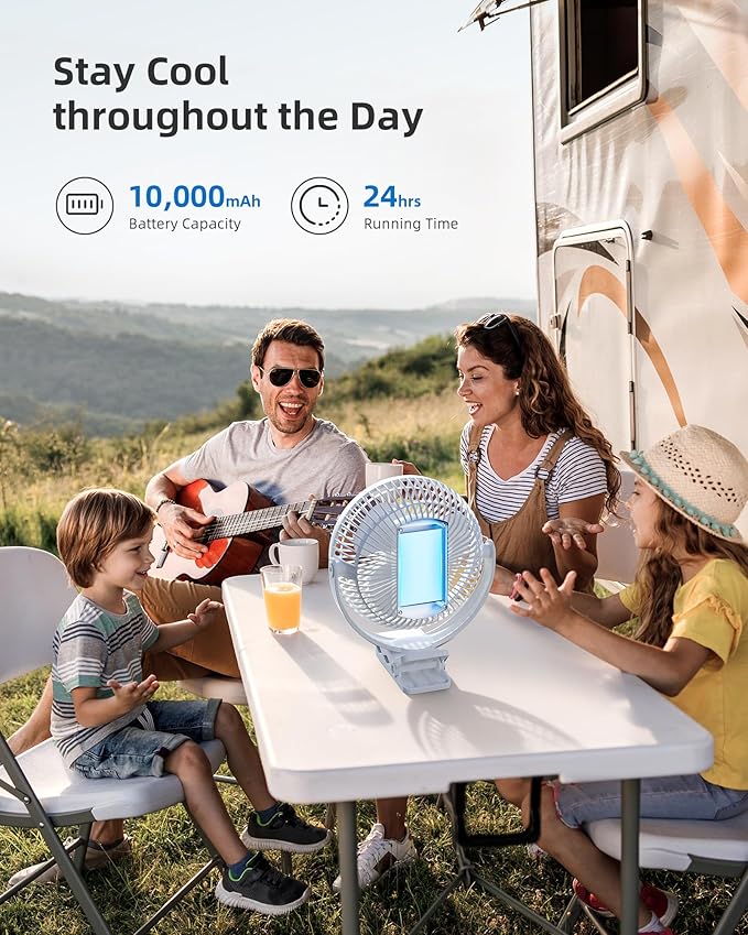 Koonie 8" Clip on Fan, 10000mAh Rechargeable Battery, Strong Airflow | 4 Speeds, Sturdy Clamp, Ideal Portable USB Desk Fan for Office, Golf Cart, Camping, Travel, Tent, Outdoor, Treadmill & Gym - Image 4