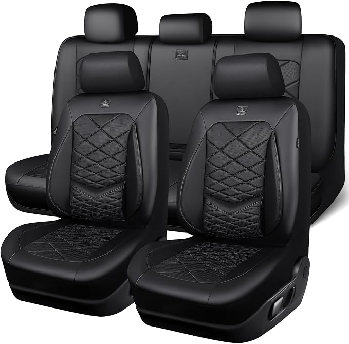 CAR PASS Luxury Nappa Leather Seat Covers Full Set, Water Resistant Faux Leather Seat Covers with Lumbar Support, Comfortable Automotive Seat Covers Universal Fit for SUV Sedan Van Truck, Solid Black by CARPASS