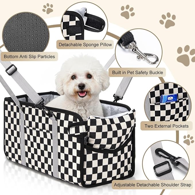 Console Dog Car Seat for Small Dogs, Foldable Booster Seat, Black Checkered | Portable Booster Seat Sits On Car Console/ Armrest. Foldable for Easy Storage. for Center Console, Easy To Clean. - Image 3