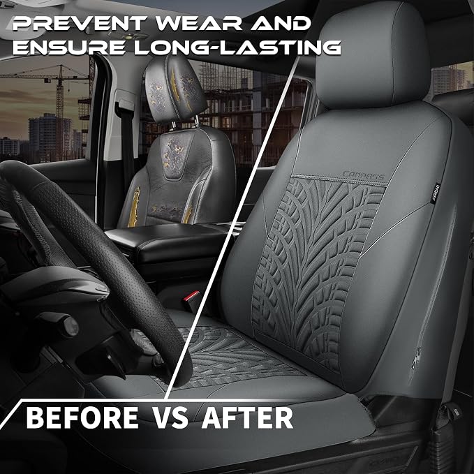 CAR PASS Neoprene Waterproof Seat Covers Full Sets, Wetsuit Car Seat Covers 5 Seats Universal Fit for Vans, Truck, SUV, 3D Tyre Embossed Seat Covers Anti Slip with Armrests, Aibag Compatible(All Gray) - Image 6