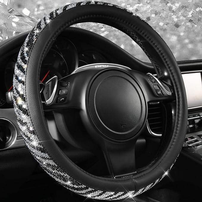 CAR PASS Bling Diamond Leather Steering Wheel Cover, with Bling Sparkly Crystal Glitter Rhinestone Universal Fit 14" 1/2-15" Car Wheel Protector Fit for Women Girl SUV,Vans,Sedans,Trucks, Zebra Print by CARPASS