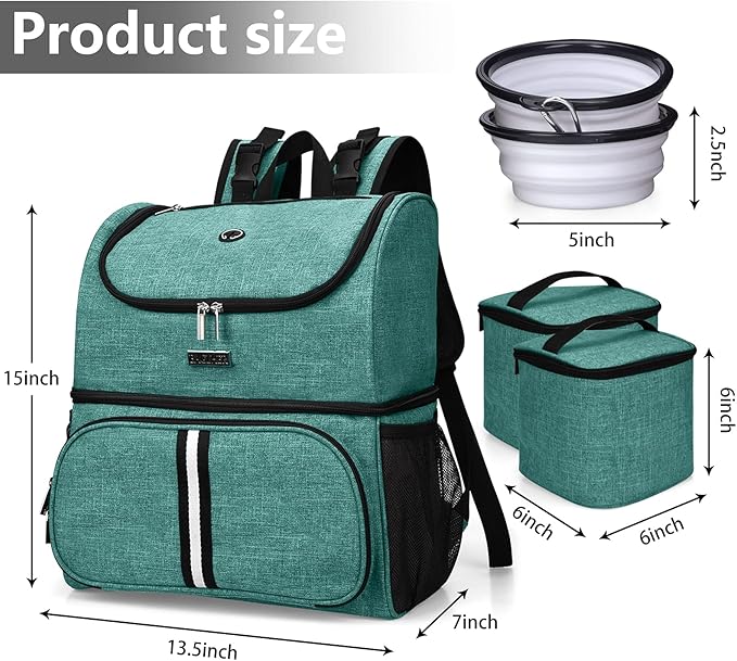 BAGLHER Pet Travel Bag, Double-Layer Pet Supplies Backpack (for All Pet Travel Supplies), Pet Travel Backpack with 2 Silicone Collapsible Bowls and 2 Food Baskets Green - Image 3