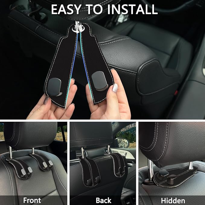 Blusabaca 2PCS Car Seat Headrest Hooks, Purses Bags Holder, Black | PU Leather, Double Metal Back Storage Hangers for Grocery Bags Handbags Bottles Coats Phones, Car Accessories Organization - Image 6