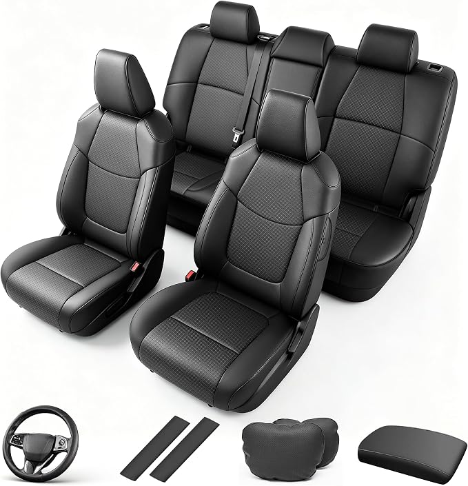 Custom Fit Seat Covers for Toyota Corolla Cross 2022-2026 Full Set | Black Seat Covers, Premium Faux Leather, 5-Piece Set Includes Armrest, Seat Belt, Steering Wheel & Headrest Covers by AOMSAZTO