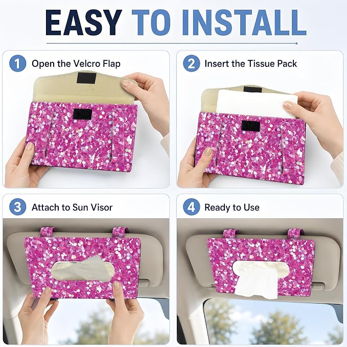 Car Tissue Holder, Cute Sun Visor Napkin Holder Backseat Tissue Case, PU Leather Tissue Box, Funny Car Accessories for Women Men Purple Glitter Pattern - Image 3