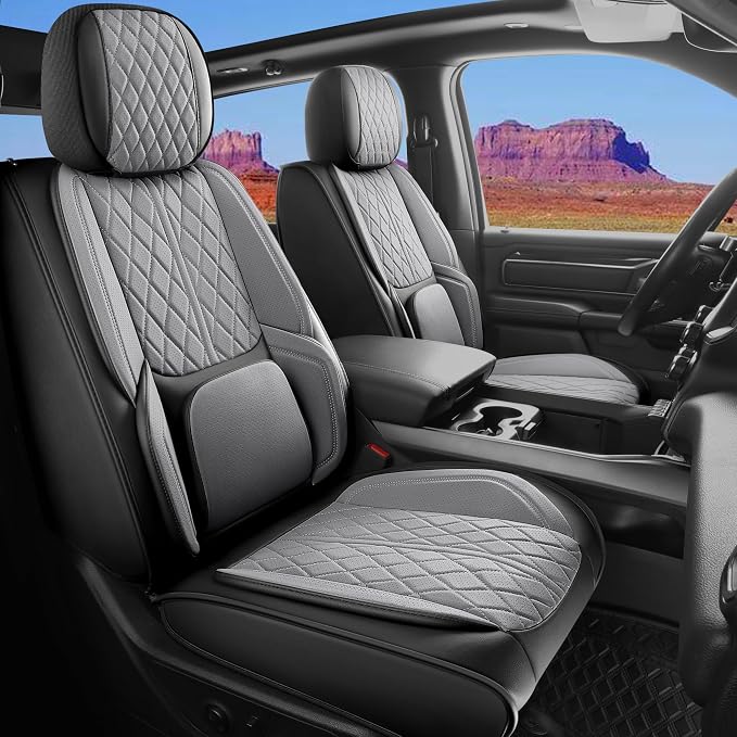 Car Seat Cover Custom Fit for Dodge Ram 1500 2500 3500 2002-2026 Faux Leather Seat Cover Set Compatible with Crew Quad Regular Cab Pickup Truck Cushions (Black & Grey, Front Seat) by DuDuWang