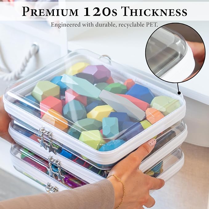 Clear Hard Shell Zipper Case Set (3 Large), 120s Thick PET Plastic, Dual Zippers with Star Charms, Removable Straps, Removable Labels with 2 Markers for Travel, Storage & Organization - Image 4
