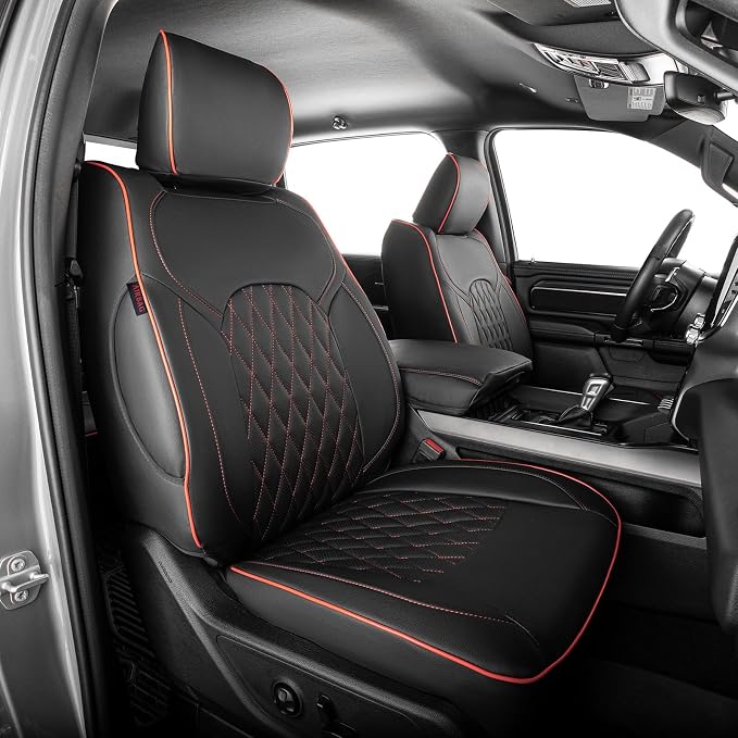 EKR Ram 1500 Seat Covers Custom Fit for (Quad Cab) RAM 1500 Laramie/Rebel 2019 2020 2021 2022,Waterproof Black Car Seat Cover for Trucks Full Set-Faux Leather(Black with Red Piping) by EKR
