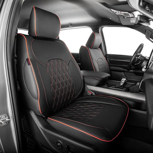 EKR Ram 1500 Seat Covers Custom Fit for (Quad Cab) RAM 1500 Tradesman 2019 2020 2021 2022 2023 2024 2025,Waterproof Black Car Seat Cover for Trucks Full Set-Faux Leather(Black with Red Piping) by EKR