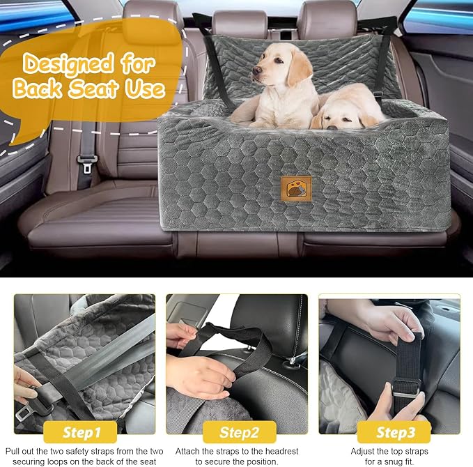 Dog Car Seat for Medium/Large Dog Booster Seat Under 60 lbs or 2 Small Dogs, Multi-Functional Pet Car Seat with Thick Cushion, 2 Safety Leashes (Gray) - Image 4