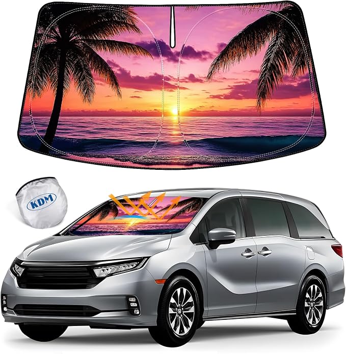 KDM Sunset Beach Style Windshield Sun Shade for 2018-2024 Honda Odyssey | LX EX EX-L Touring Elite Minivan,Foldable Front Reflective Windows Sunshade Visor Protector Blocks UV Rays Heat by KDM