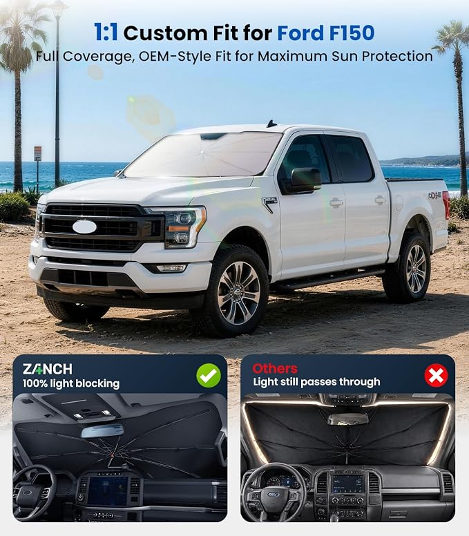 Zanch Windshield Sun Shade Umbrella Custom-Fit for Ford F-150 2011-2026 | [99% UV Protection, Up to 75℉ Cooler]Heat Reflection, Sturdy Frame, Scratch-Free Interior, Foldable Front Sunshade Umbrella - Image 4