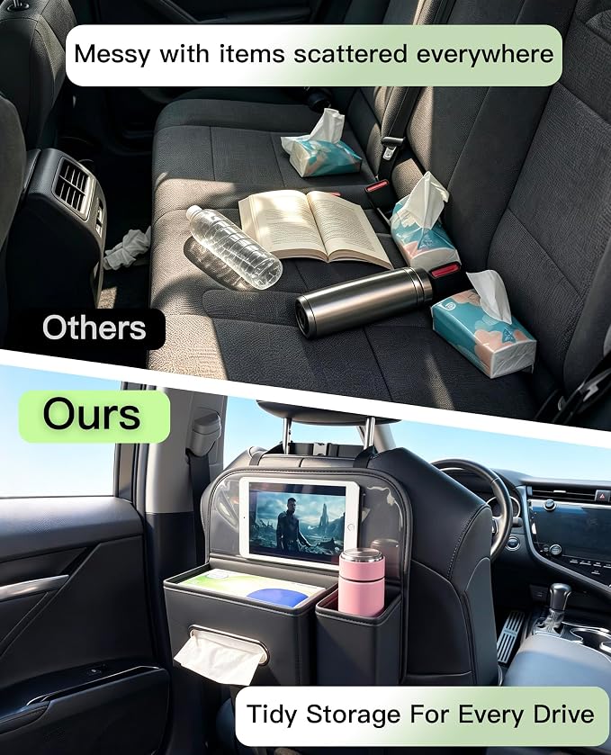 4 in 1 PU leather Backseat Car Organizer with Car Tissue Cup Tablet Holder | Fits180 standard tissue,oversized 4" cup pocket,touch-through tablet window, adjustable straps ,tool-free install - Image 7