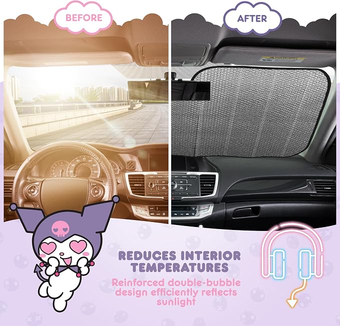 Carbella Kuromi Car Windshield Sun Shade, Official Sanrio Accordion Style Sunshade for Car Window, Cute Kawaii Car Sun Shade Windshield, Kuromi Car Accessories for Women (Neon Party) - Image 4