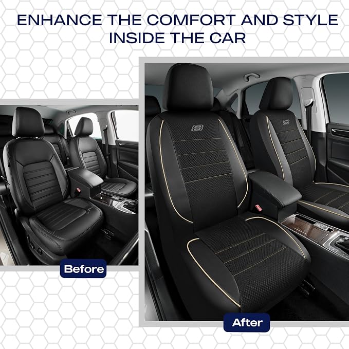 Skechers Air-Cooled Memory Foam Seat Cover, Mesh Thick Car Seat Covers,Piping Leather Car Seat Covers Front Seats, Airbag Compatible, Automotive Comfort for Most Cars, Vans, Trucks, SUV, Beige - Image 6