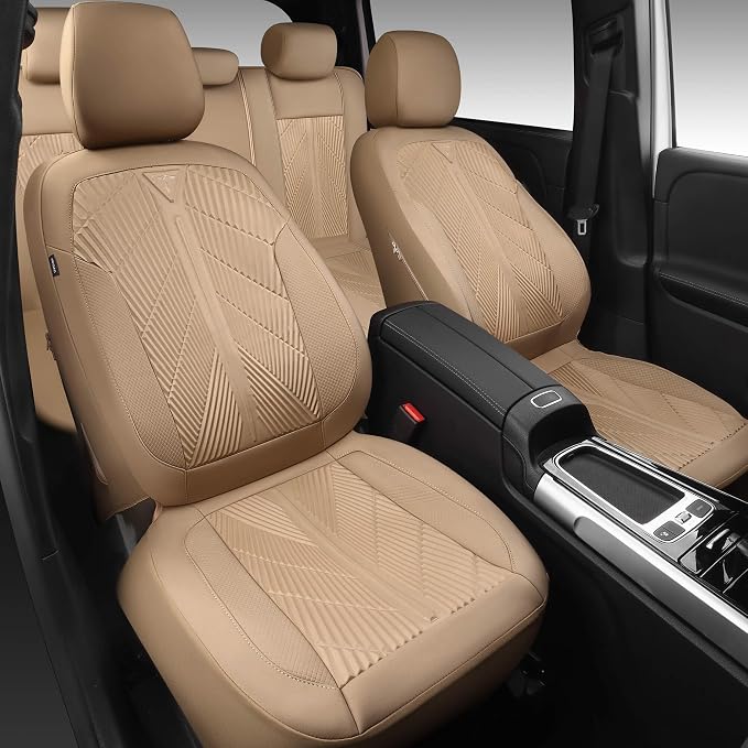 CAR PASS Waterproof Car seat Covers Full Sets Neoprene Wetsuit, All-Weather Non-Slip Durable, Universal Fit for SUV Sedans Trucks Vans Automotive, Armrest Airbag Compatible, 3D Emboss All Beige - Image 2