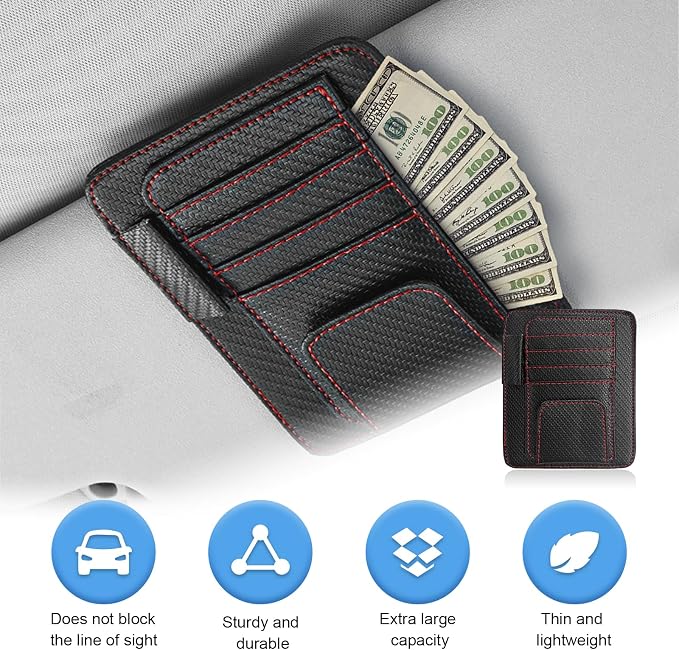 Augeny 2 PCS Car Sun Visor Organizer, Auto Visor Organizer and Storage, Registration and Document Holder, Vehicle Accessories for Sunglasses Document Card Pen Driver License (Carbon Fiber Red Line) - Image 4