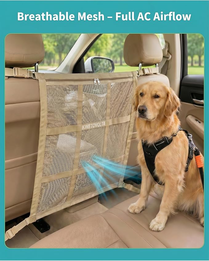 Dog Car Net Barrier, 9-Grid Reinforced, Dog car Barrier | Includes dog seat belt for car. Front & rear pockets. Breathable, easy install. Fits as dog barrier for SUV, sedans & trucks. - Image 4
