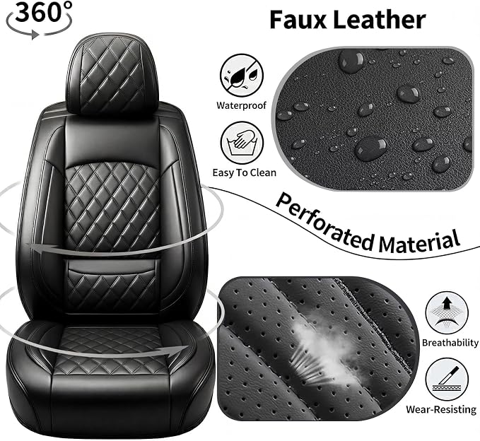 Seat Covers Fit for GMC Sierra 1500/2500/3500 HD 2007-2025,Premium Leather, Waterproof, All-Weather, Airbag Compatible, Breathable, Seat Protectors, Full Set, Black. - Image 3