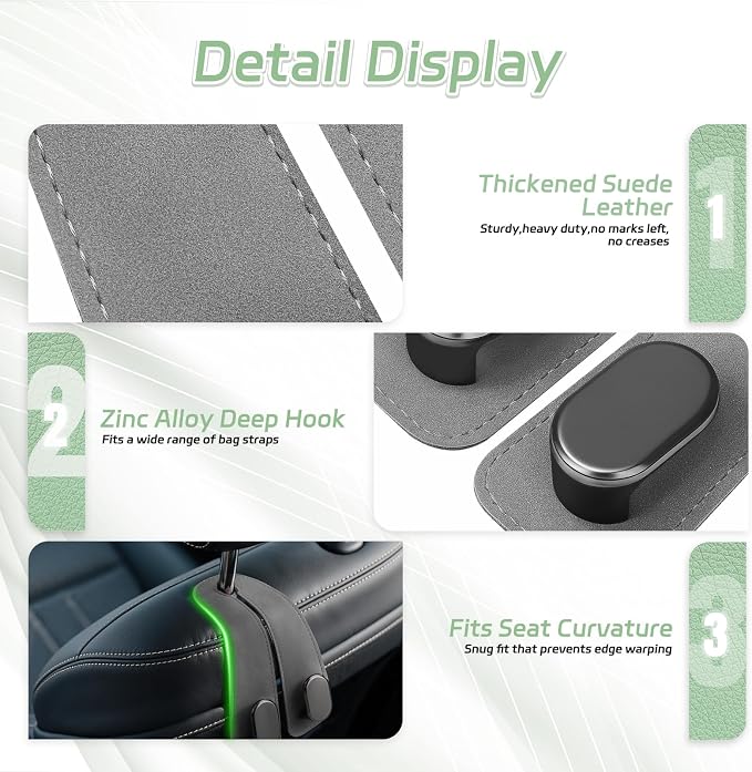 Car Seat Headrest Hooks, 4PCS Universal Car Purse Hook Leather Car Bag Hook | Gray Car Bag Purse Holder with Double Metal Hooks for Handbags, Grocery Bags, Bottles, Phones - Image 5