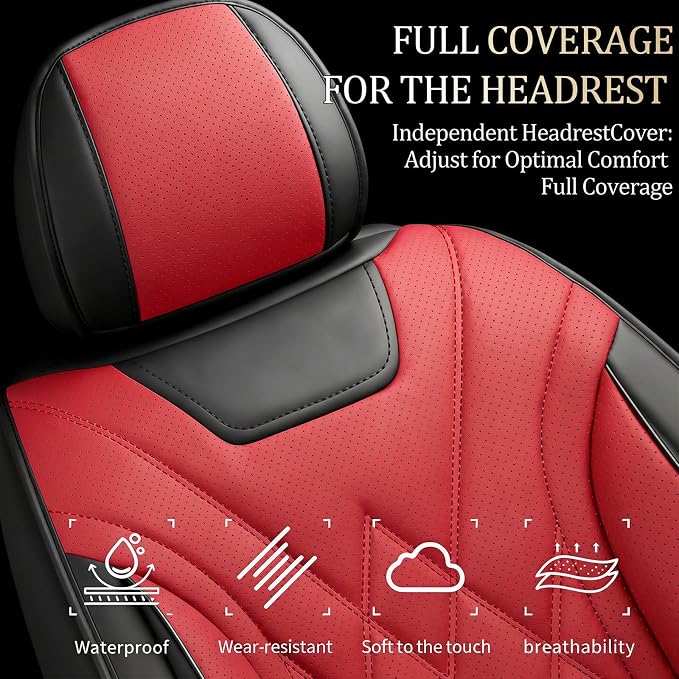 Car Seat Covers Compatible with GMC Yukon 2007-2025 2026 - Waterproof & Breathable Luxury Leather All-Weather Seat Cushions Protectors, Airbag Compatible, Only 2 Front seat Covers (Red) - Image 3
