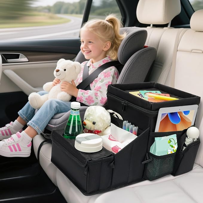 Car organizer for kids ，Backseat Organizer for Kids and Passenger Seat Organizer for Adults ，Car Seat Cooler and Warmer with Cup Holders and Convertible Tray Lid(Black) - Image 4