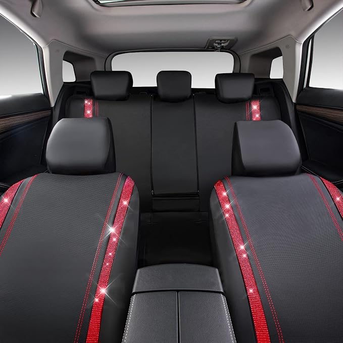 CAR Pass Bling Car Seat Covers Full Set, Shining Rhinestone Diamond Waterproof Faux Leather, Rear with Zipper, Universal Fit Automotive Glitter Crystal Sparkle Strips for Women Girl, Black Red - Image 8