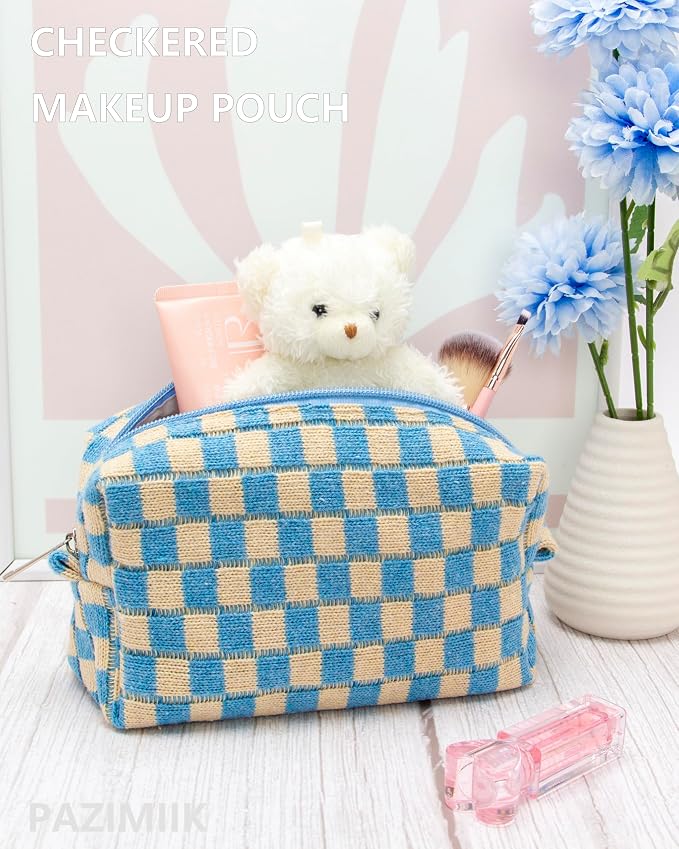Checkered Makeup Bag for Purse, Small Cosmetic Pouch,Blue Beige,2 Pack | Cute Zipper Makeup Organizer for Women, Travel Essentials, Toiletries, Makeup Brushes, Beauty Accessories&Bridesmaid Gifts - Image 2
