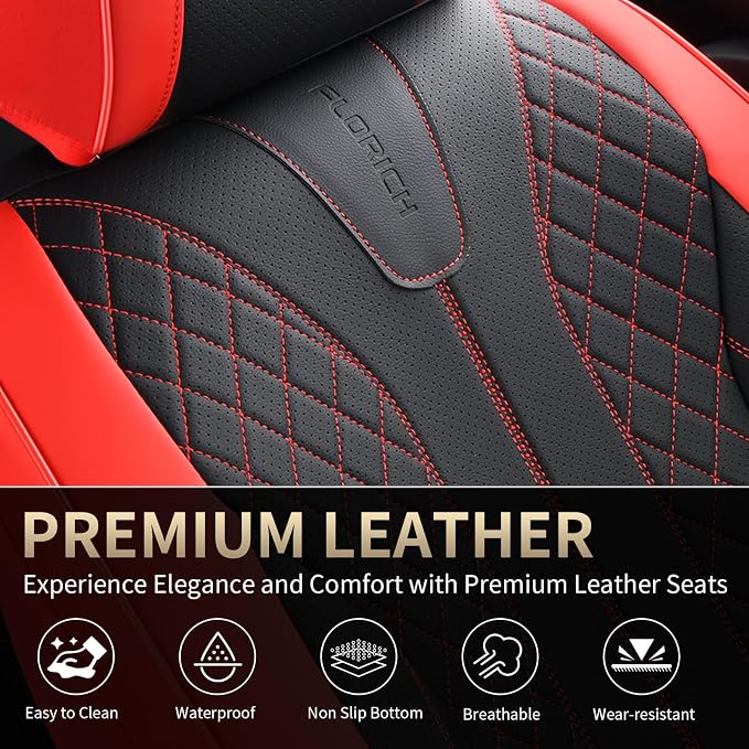 FLORICH Car Seat Covers Front Seats Luxury Faux Leather Waterproof Seat Covers Car Seat Protector Automotive Seat Covers Cushion Universal Fit for Most Cars SUV Trucks, Black&Red - Image 7