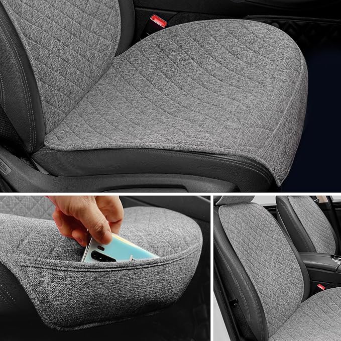 BOPUOVRE Linen Front Car Seat Covers Breathable Fabric | Car Seat Protector Universal Fit Cars Vans SUVs Trucks 2 Units Gray - Image 2