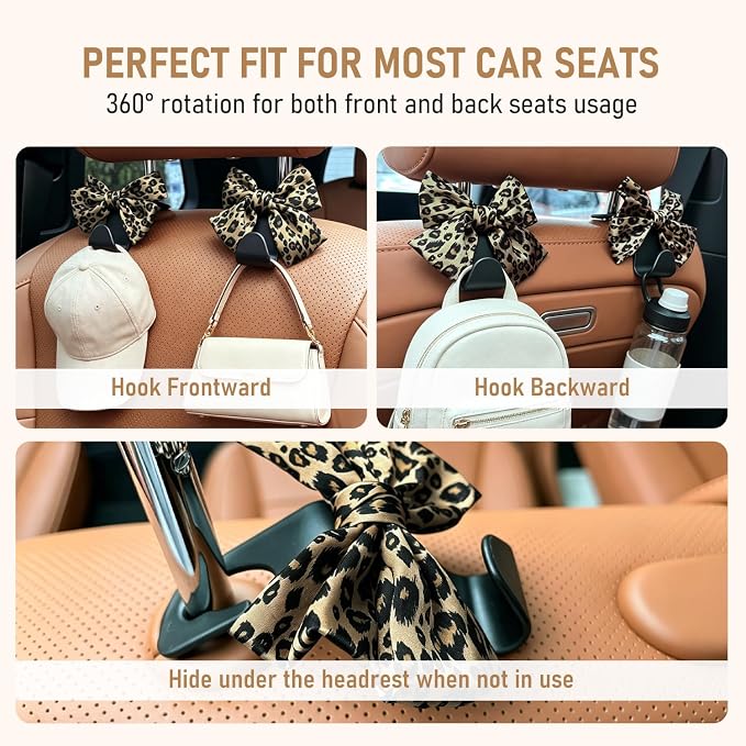 Bow Car Hooks for Purses and Bags, 2 Pack Cute Car Purse Hook, Universal Car Seat Headrest Hooks Bag Holder, Bow Car Accessories, Automotive Purse Hook Hanger Interior Decoration Accessories (Leopard) - Image 3