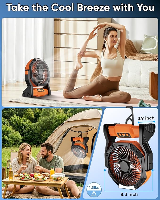 Portable Rechargeable Fan, 20000mAh Battery Powered Camping Fan with LED Light & Hook, 270° Adjustable, 4-Speed, 4H Timer Camping Essentials for Outdoor Tent Travel BBQ Car_Orange - Image 7