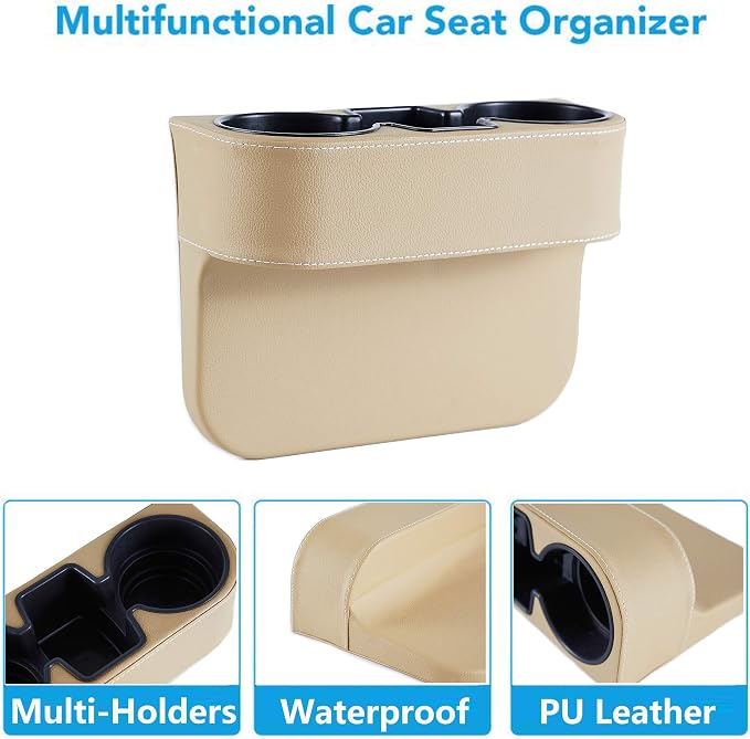 IOKONE Cup Holder for Car, Console Side Pocket, PU Leather Cover, Beige | Car Seat Gap Filler Organizer, Front Seat Organizer, Drink Holder for Car, Cell Mobile Phone Holder, Car Coin Holder - Image 3