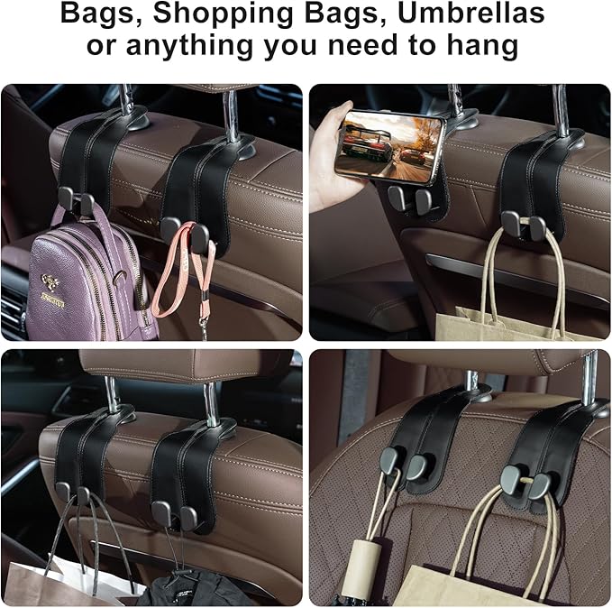 CoBak Purse Hook for Car - Universal Premium Stitched Leather and Aluminum-Magnesium Alloy Double Car Seat Back Storage Hook for Purses, Handbags, Bags (2 Pack),Black - Image 3
