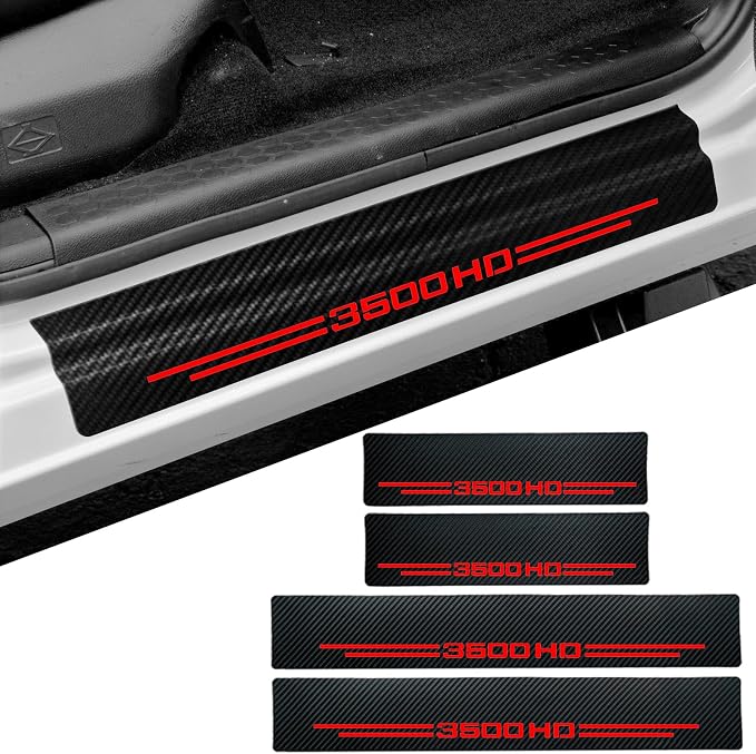 4 Pcs Carbon Fiber Car Door Sill Scuff Plate Auto Door Entry Guard Scratch Shield for GMC Sierra 3500HD Chevrolet Silverado 3500 HDAuto Accessories (Red, 3500HD) - Image 2