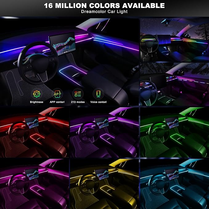 Dreamcolor Acrylic Interior Car LED Strip Light with Wireless APP, RGB 6 in 1 with 175 inches 612 LEDs Fiber Optic Car Ambient Lighting Kits, Dynamic Chasing Music Sync Neon LED Strip Lights for Car - Image 3